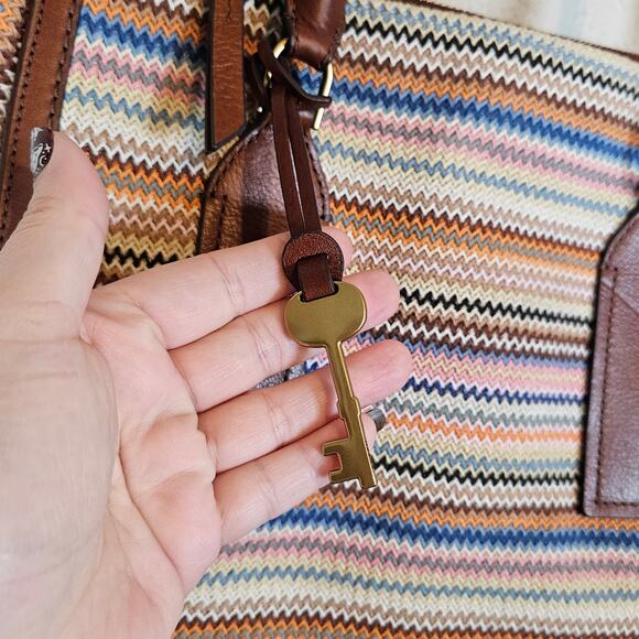 Fossil Parker Leather Satchel Purse Handbag Zig Zag Colorful Stripes Boho - Picture 3 of 12